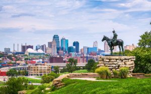 Kansas City, Missouri Skyline With Statue Of Man On Horse